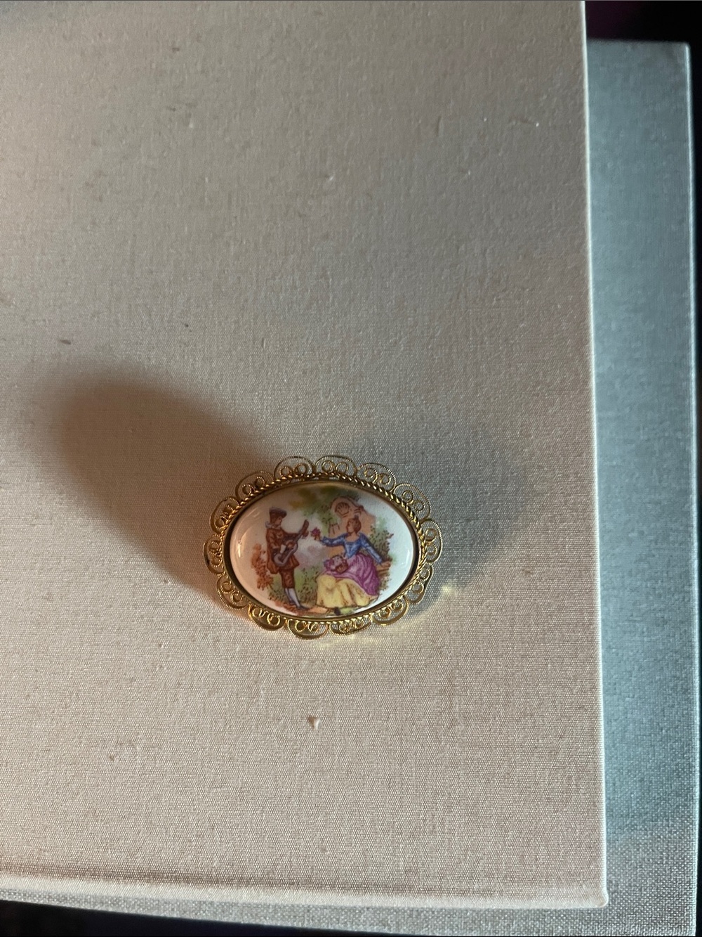 Vintage Porcelain Cameo Brooch with Gold Filigree Frame